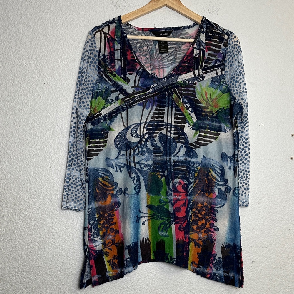 Ali Miles Multicolor Abstract V-Neck Textured Tunic Top Size‎ Medium Boho Artsy